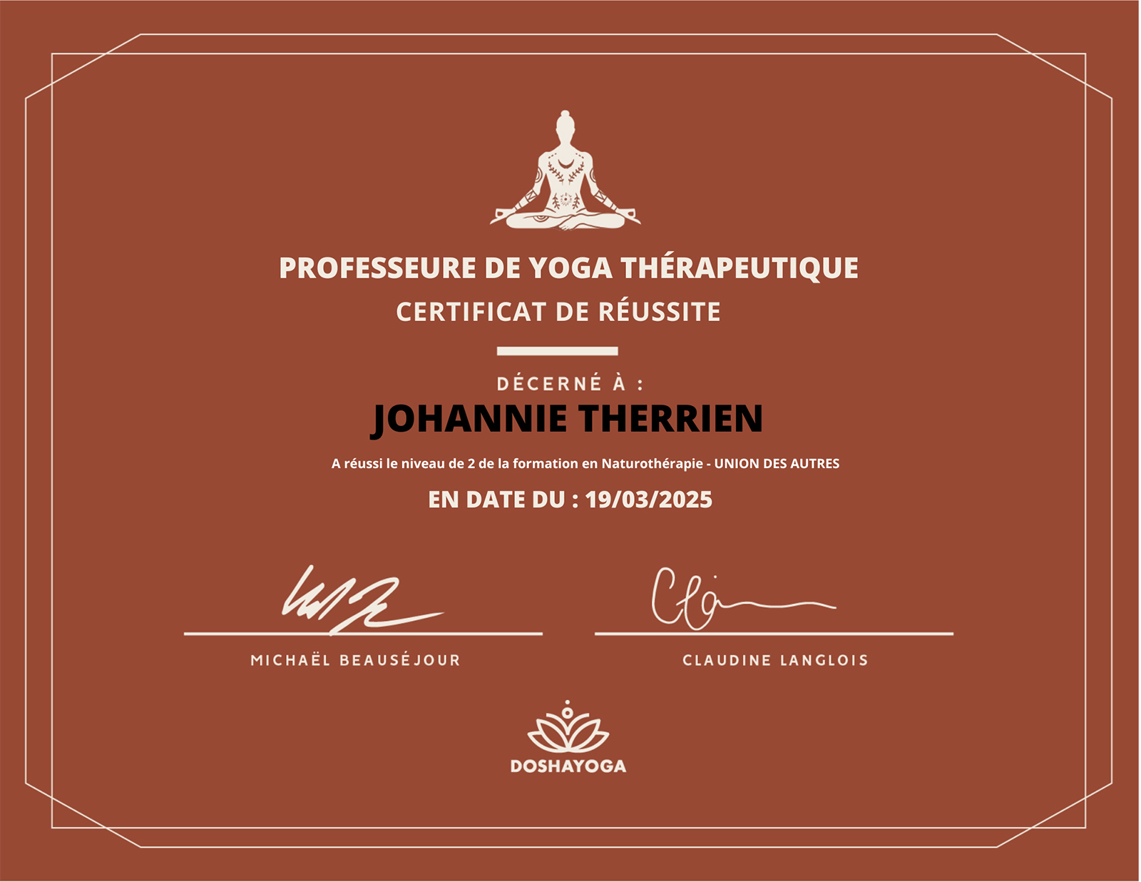 Certificat Prof Yoga Doshayoga | Johannie Therrien