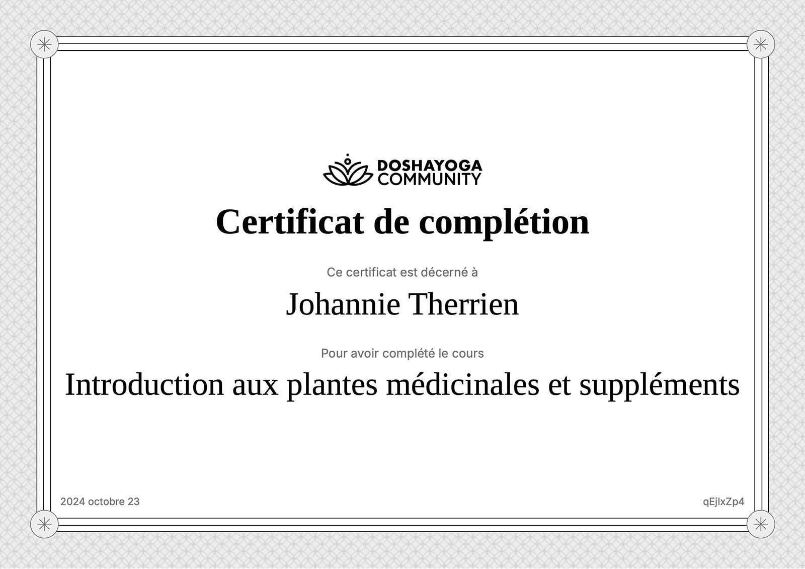 Certificat Plantes et suppléments Doshayoga | Johannie Therrien